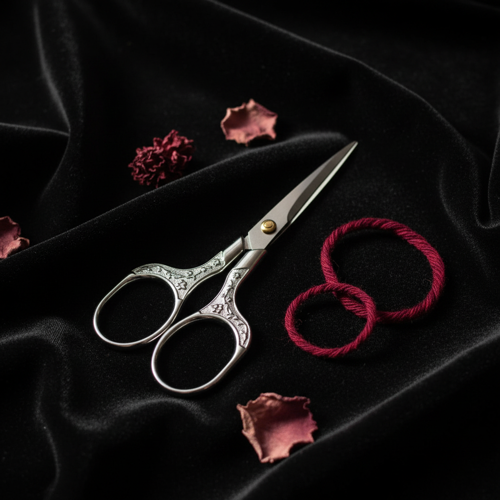 Silver embroidery scissors with engraved plum blossom handle on black velvet with dried petals
