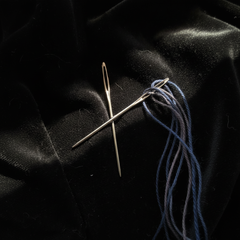 Two steel tapestry needles crossed on black velvet with dark hand-dyed yarn threaded through