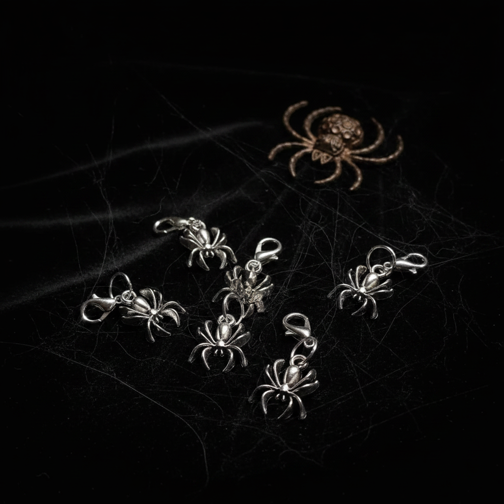 Five silver spider stitch markers clustered on black velvet with cobwebs in dramatic side lighting