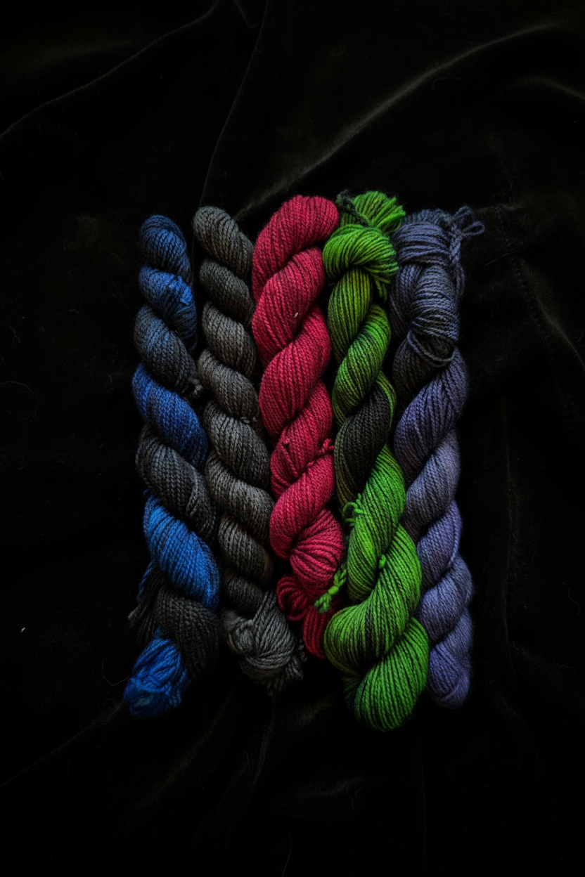 Five mini skeins of hand-dyed yarn in jewel tones fanned on black velvet — The Working Mini Skein Set