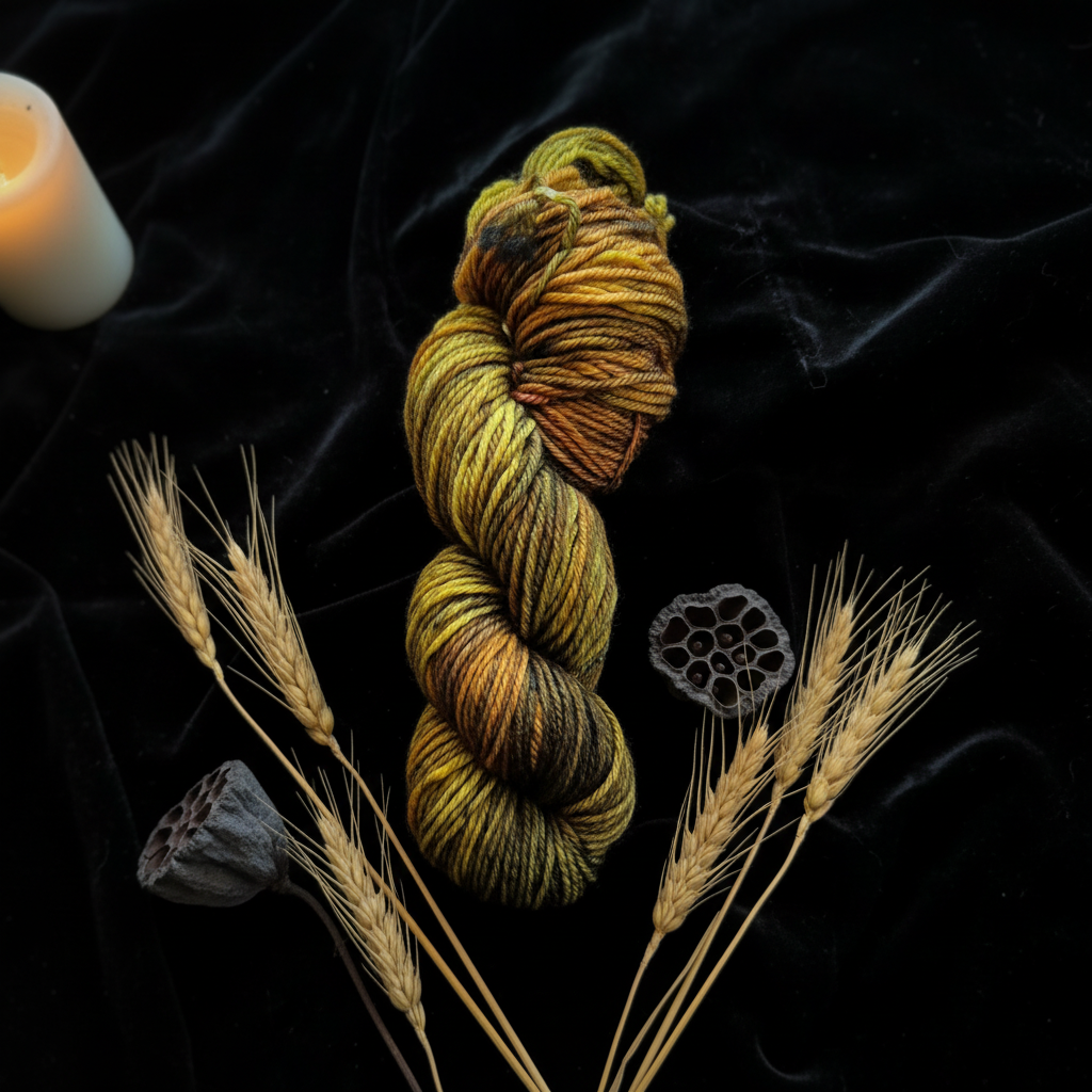 The Reaping hand-dyed worsted yarn in golden amber and bronze on black velvet with dried wheat