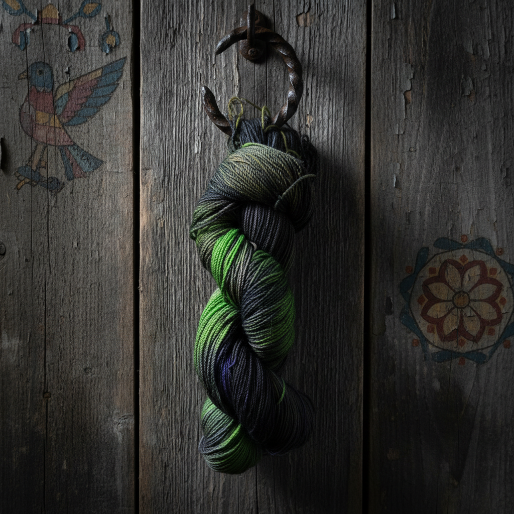 Hex hand-dyed sock yarn hanging from iron hook against weathered barn wood with painted hex signs