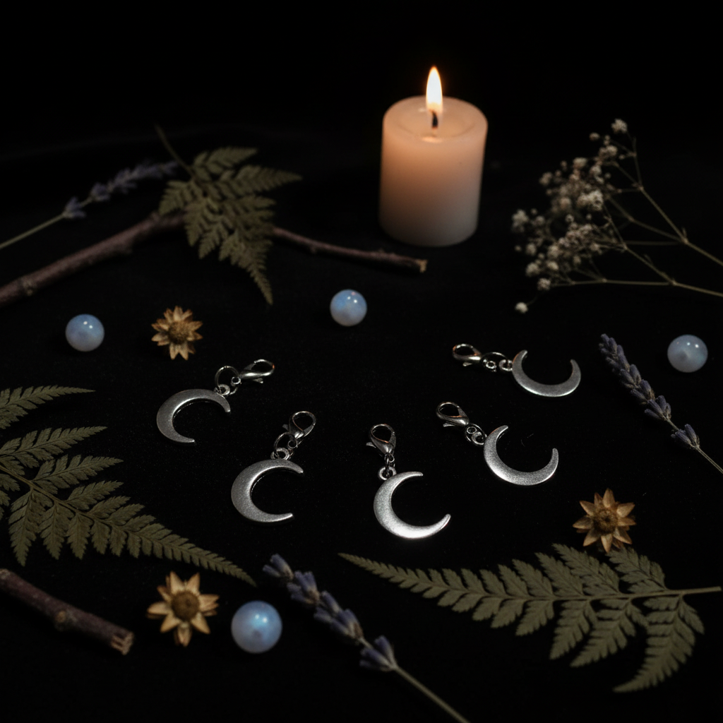 Five silver crescent moon stitch markers arranged in an arc on black velvet with moonstones and candle bokeh