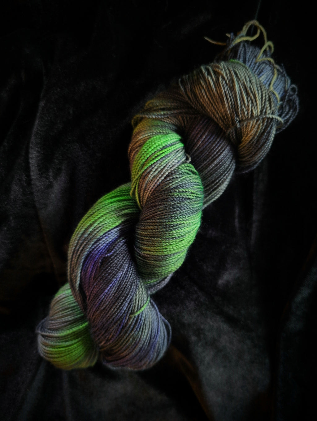Hex — Hand-Dyed Sock Yarn | Witchy Indie Dyer | Acid Green, Black & Purple Variegated