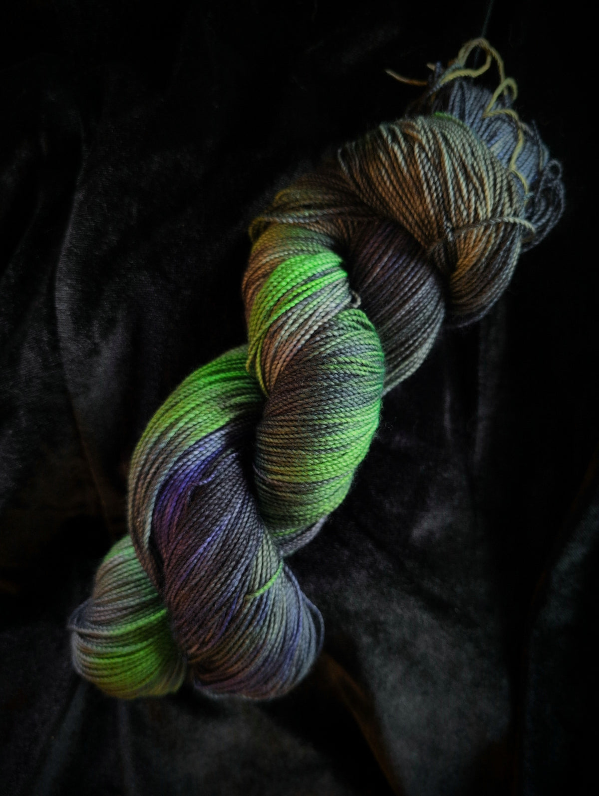 Hex — Hand-Dyed Sock Yarn | Witchy Indie Dyer | Acid Green, Black & Purple Variegated